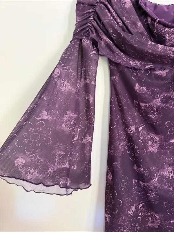 Purple Off-shoulder Long Sleeve Mini Dress with Draped Neck and Bell Sleeves - Image 2