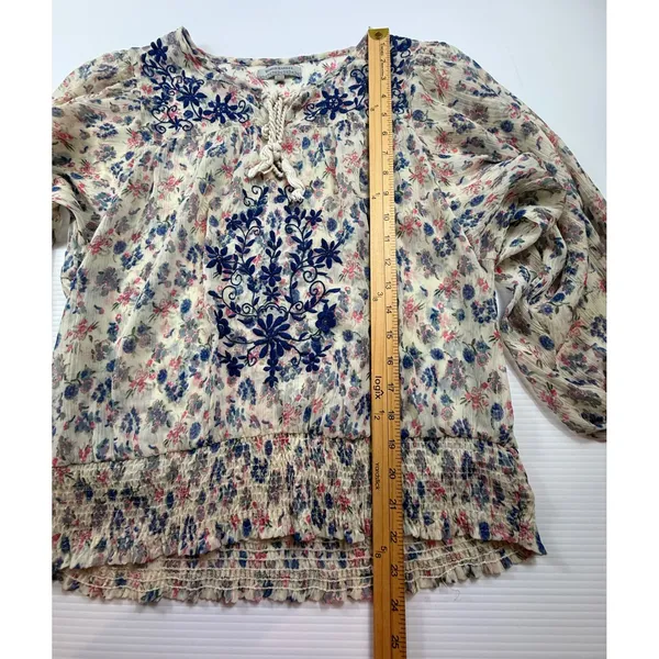 World Market Floral Embroidered Peasant Blouse Cream Blue‎ Pink S/M Smocked Top - Image 3