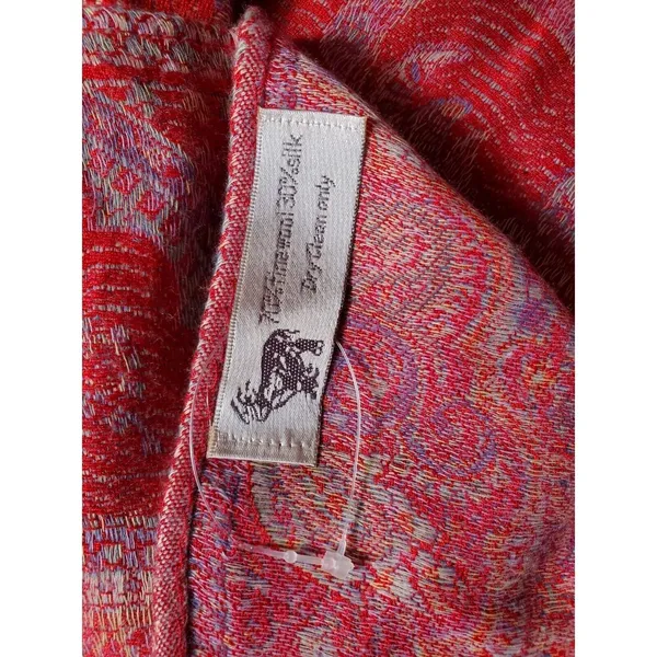 Pashmina(?) Silk Wool Paisley Scarf Wrap Shawl Rectangle Fringe Red Orange EUC - Image 4