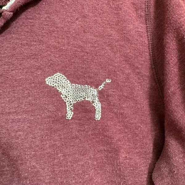 PINK Victorias Secret Maroon Silver Logo Sequin Bling Hoodie Zip Sweater Medium - Image 4