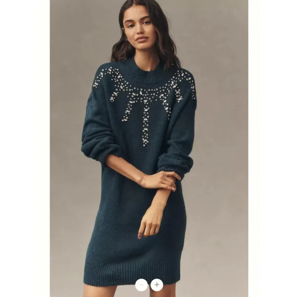 By Anthropologie Long-Sleeve Embellished Sweater Mini Dress - Image 4