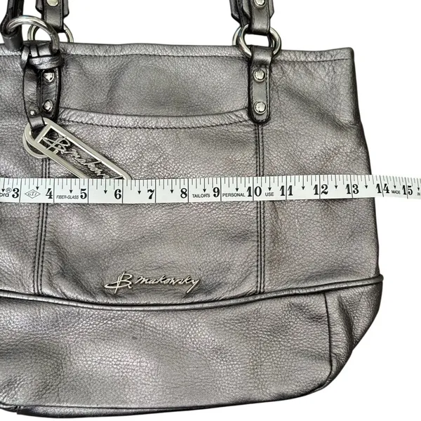 B. Makowsky Metallic Silver Leather Tote‎ Handbag Cheetah Print Lining - Image 7