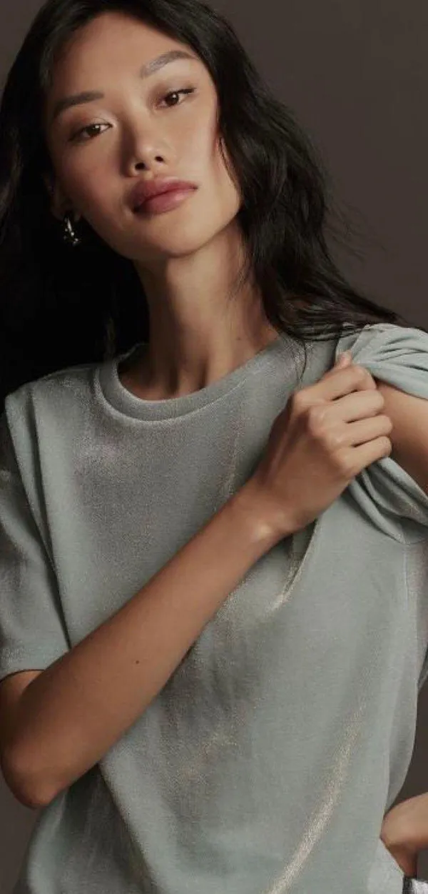 Anthropologie NWT $68 By Sky Blue Short-Sleeve Shine Cropped Pullover Tee M - Image 2