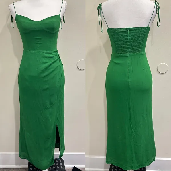 Reformation Kourtney Midi Slip Dress‎ Crepe Emerald Green Tie Straps High Slit - Image 2