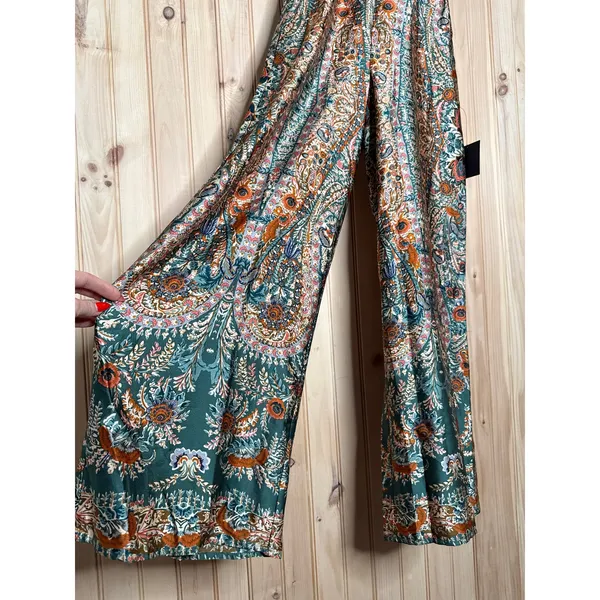 NWT Lulus Divine Wanderings Teal Green Scarf Print Satin Wide-Leg Jumpsuit Sz XS - Image 4