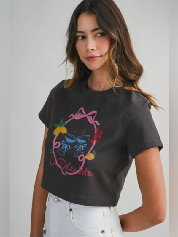 Mable La Dolce Vita Graphic Crop Tee White – Medium - Image 7