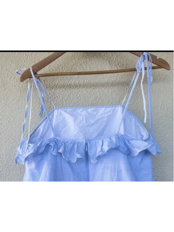 Moon River Blue Stripe Ruffle Tiered Mini Dress Tie Strap Nautical Coastal Prep - Image 5