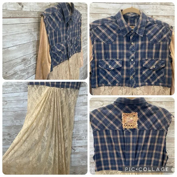 Vtg Gypsy South Atlanta L Reworked Sleeveless Plaid Lace Tunic Vest & Shirt Y2K‎ - Image 5