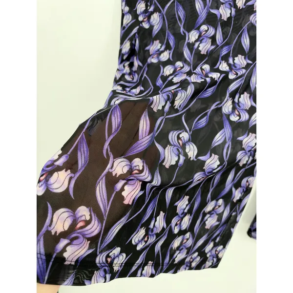 WHBM Purple Iris Floral Mesh Mock Neck Top Small Black Grunge Festival Boho Art - Image 4