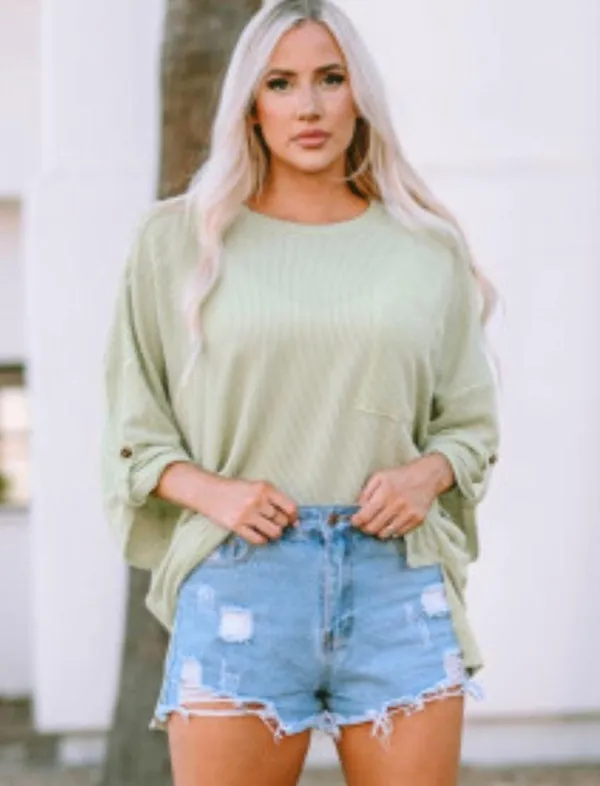 NEW Pale Green Ribbed Oversized Slouchy Roll Tab Sleeve Top Size Small - Image 6