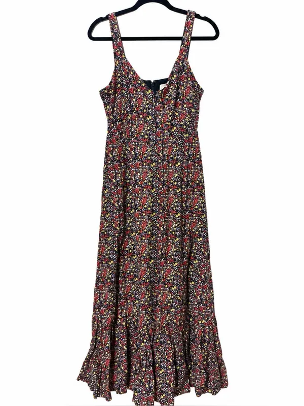 J. Crew Factory Navy Blue Multi Color Floral Ruffle Hem Linen Blend Midi Dress 6 - Image 3