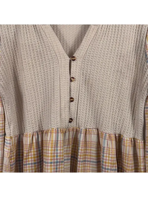 Violets Are Blue Plaid Waffle Knit Babydoll Top M - Image 2