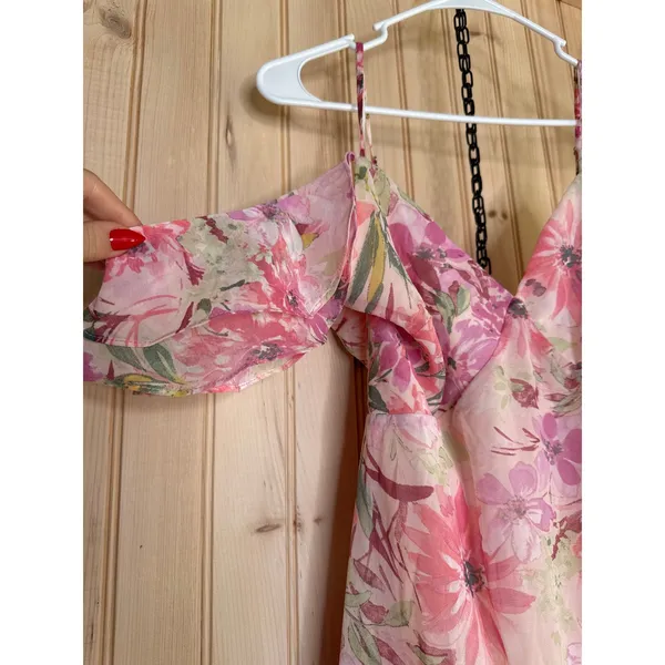 NWOT Lulus Watch Me Grow Pink Floral Print Cold-Shoulder High-Low Dress Resort M - Image 3