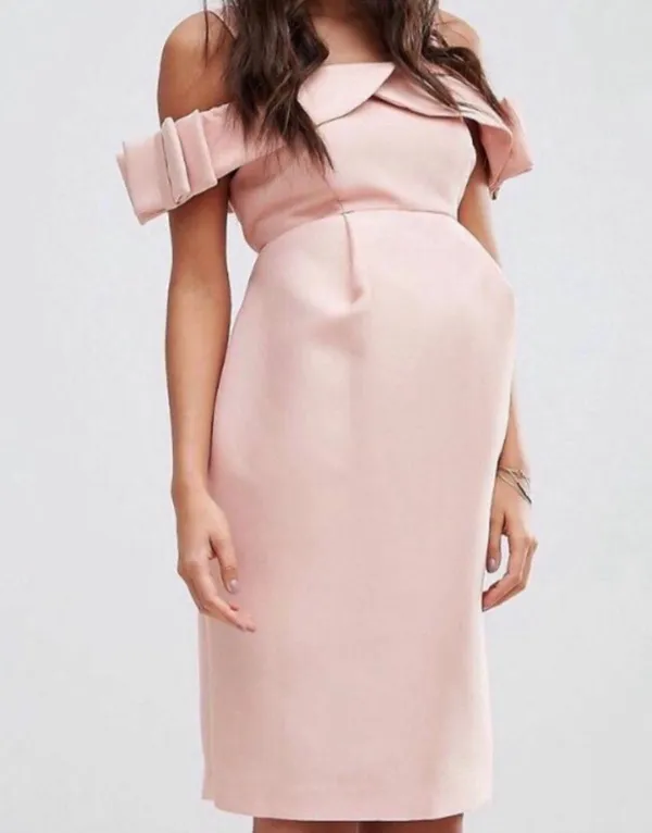 Maternity Blush Pink Off Shoulder Bardot Dress w/ Bow Detail on the Sleeve - Image 2
