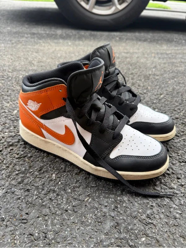 Air Jordan 1 Mid Black White Orange Youth 5.5Y / Women’s 7 - Image 2