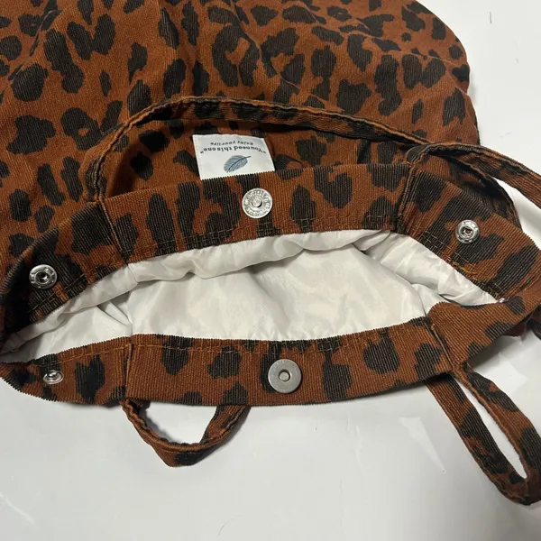 Leopard Print Corduroy Tote‎ Bag Brown Black Animal Pattern Snap Closure Lined - Image 5