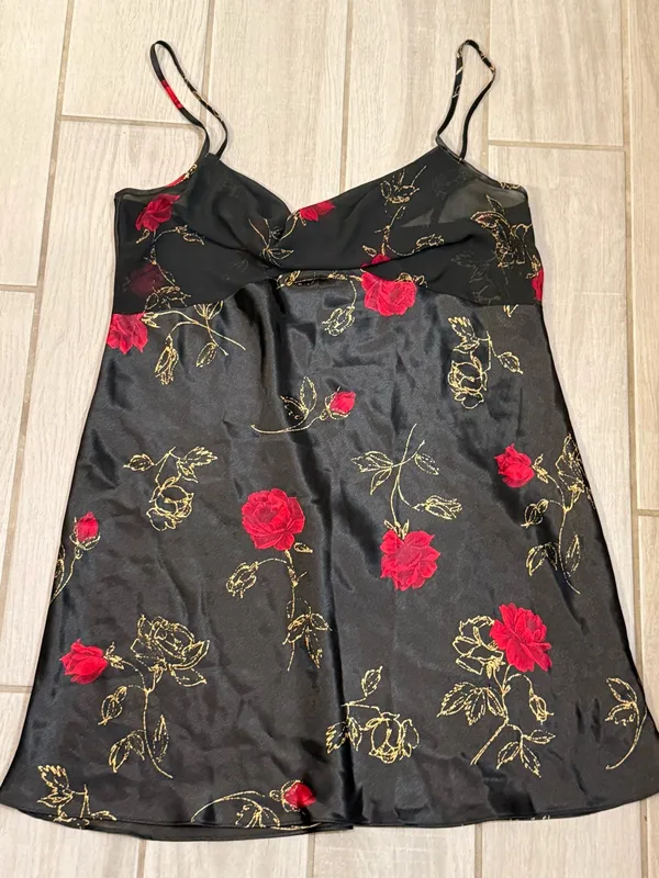 Vintage 1990 Satin Floral Slip Dress Black with Red Roses - Image 3