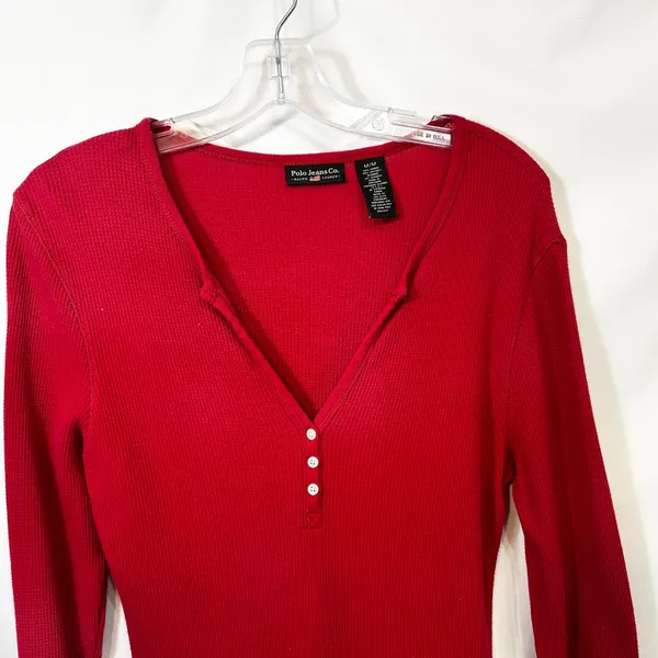 VTG Polo‎ Ralph Lauren Medium Henley Top Red Waffle Knit Thermal Y2K Preppy 1501 - Image 3