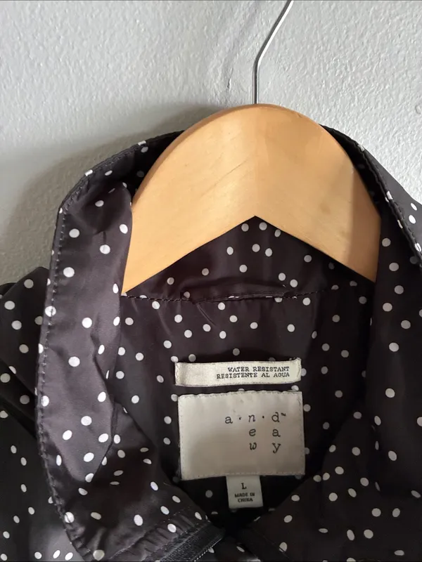 A New Day Women’s L Brown White Polka Dot Hooded Rain Jacket Water Resistant - Image 2