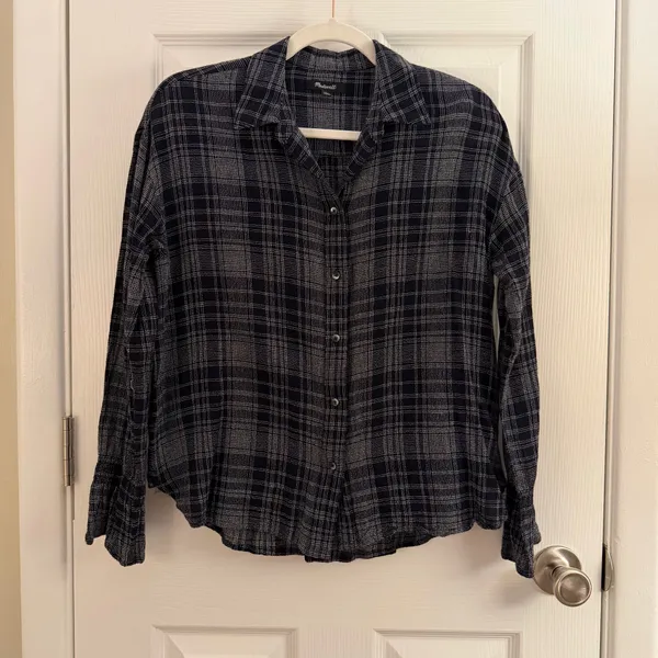 Madewell Black Gray Plaid Westward Bell Sleeve Wool Shirt Small - Image 3