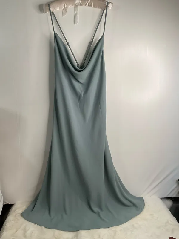 Show Me Your Mumu Verona Cowl Dress Size L Silver Sage Green Luxe Satin Slip Gown - Image 3