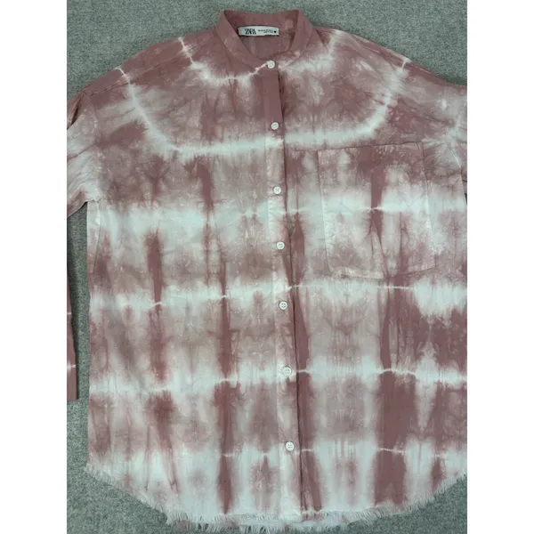 Zara Oversized XS Top Pink‎ White Tie Dye Button Down Long Sleeve Frayed Hem - Image 11