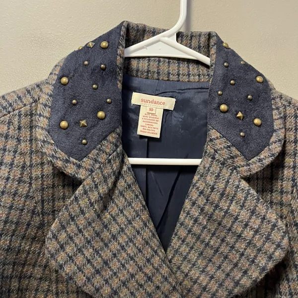 Sundance‎ Women's Wool Blend Plaid Studded Blazer Jacket Size 10 Brown Blue - Image 3