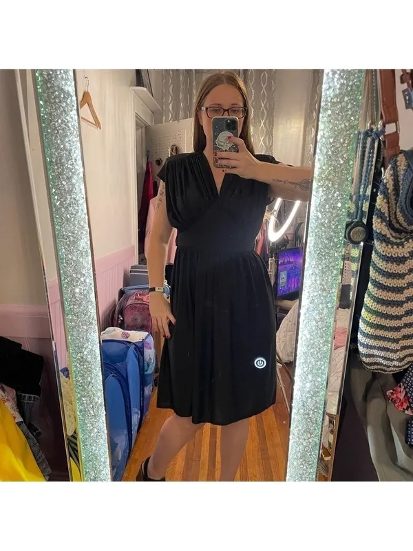 Vintage 70s Midi Dress Ruched Bodice Black Womens M - Image 3