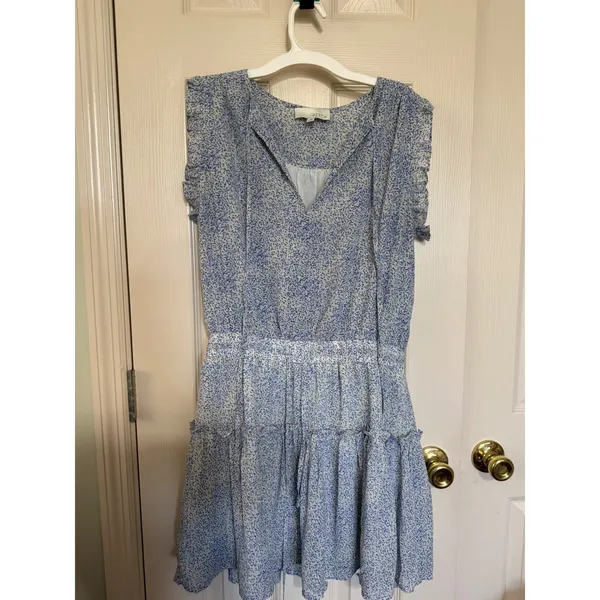 Pinch Womens Blue White Printed Ruffle Mini Dress Sleeveless Tiered Size M - Image 2