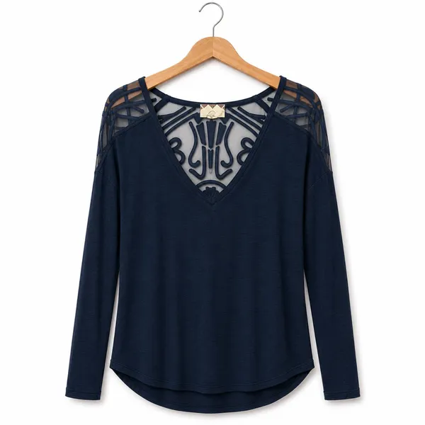 Free People Gatsby Boho Lace Scoop Neck Blue Ribbed Long Sleeve Top M Indie - Image 3