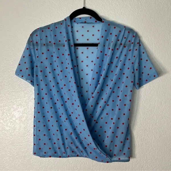 ZARA TRAFALUC baby blue red polka dot semi sheer mesh retro top S B18‎ - Image 3