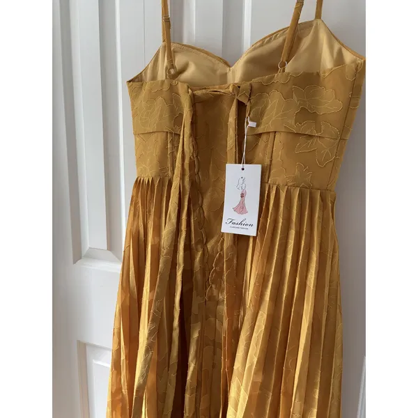 Yellow Pleated Midi Dress with Adjustable Straps Sz 7 - Image 7