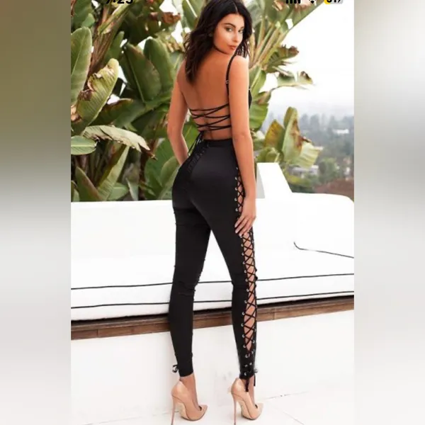 House Of CB, 'Tsarina' Black Satin Jumpsuit With Side Lace Ups - Image 4
