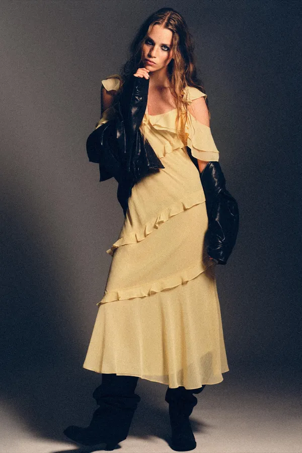 Zara Butter Yellow Ruffle Cold-Shoulder Maxi Bohemian Summer Sun Dress - Image 5