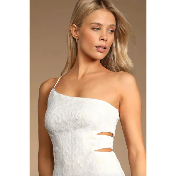 Lulus Want To Wow White Sequin Cutout One-Shoulder Bodycon Mini Dress XL NWT - Image 5