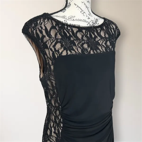 Ralph Lauren Black Lace‎ Sequin Illusion Sheath Dress 14 Ruched Cocktail Attire - Image 3