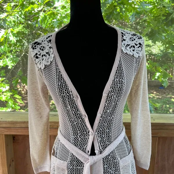 Ryu Women's Open Knit Longline Lace Trim Cardigan Color Blush Size S. NEW - Image 4