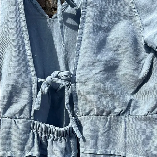 7 for All Mankind Blue Puff V-Neck Dress Cotton Coastal Boho Quiet Luxury Beachy - Image 12
