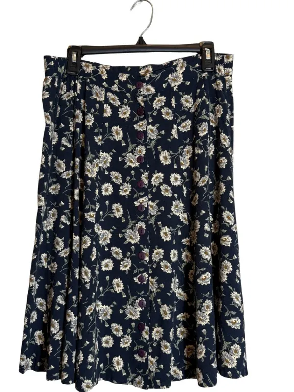 Vintage Express Floral A-Line Button Front Skirt Womens Medium Black Cottagecore - Image 3