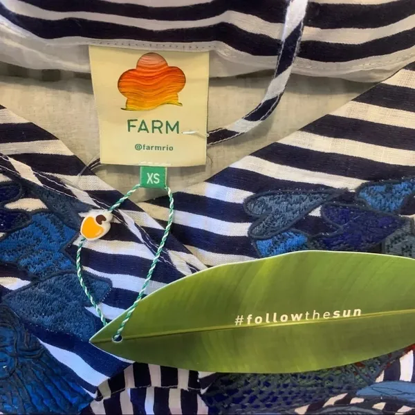 FARM Rio Striped Mini Dress Embroidered Birds Toucan Linen Cover Up Resortwear - Image 6