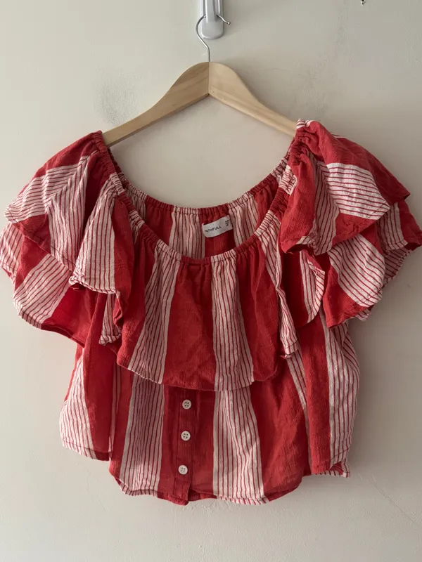 Faithfull the Brand Salerno 100% Cotton Ruffle Sleeve Striped Off Shoulder Top - Image 3