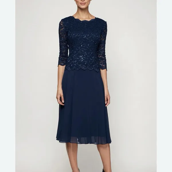 Alex Evenings Navy Blue Sequin Lace Chiffon Midi Special Occasion Dress Size‎ 6 - Image 2