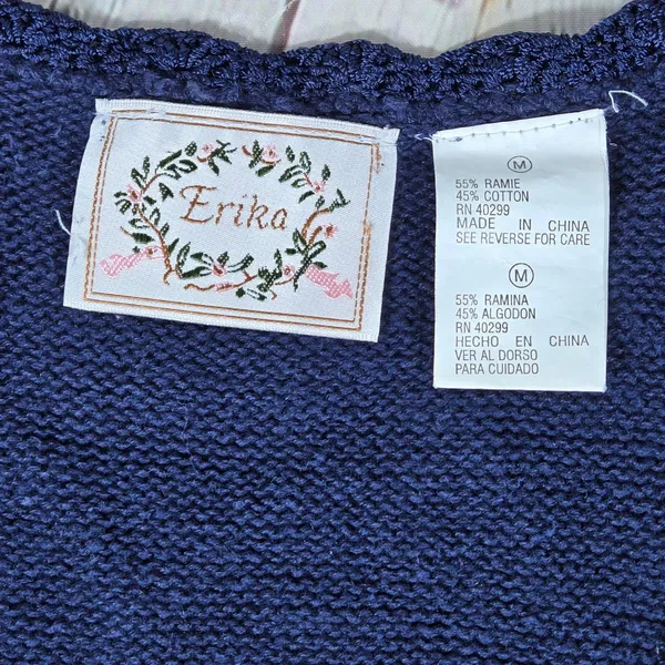 Erika‎ Vintage Navy Blue Embroidered Floral Ribbon Beaded Knit Vest Medium - Image 3