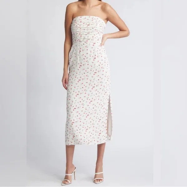NWT WAYF Birdie Ruched Strapless Midi Dress‎ Ivory Ditsy Sz Small $99 - Image 6