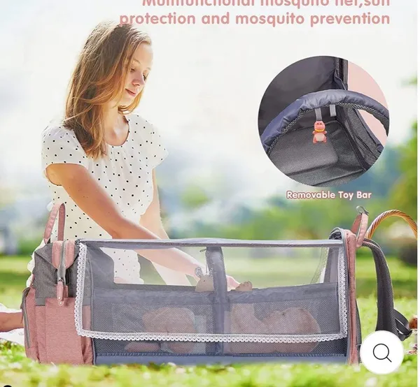 MULTI Compartment diaper bag with changing pad, USB & foldable crib Pink - Image 8
