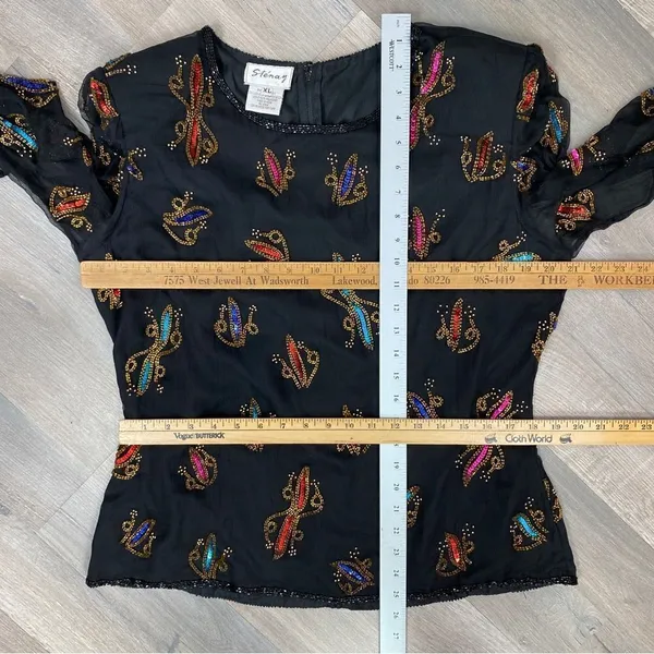 Stenay Vintage Sequin‎ Beaded Silk Blouse Black Multi XL - Image 12