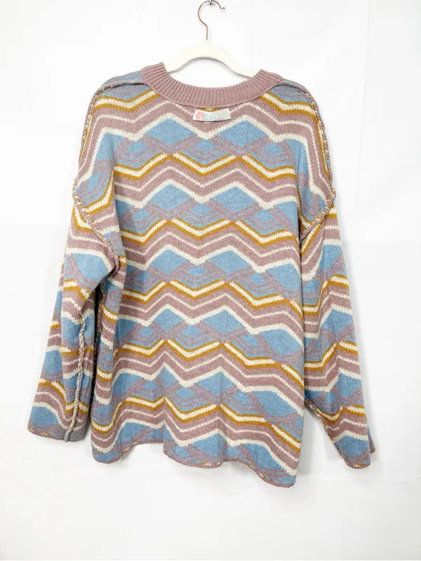 Free People Beach Malibu Pattern Textured Oversized Crew Neck Sweater Boho - Image 9