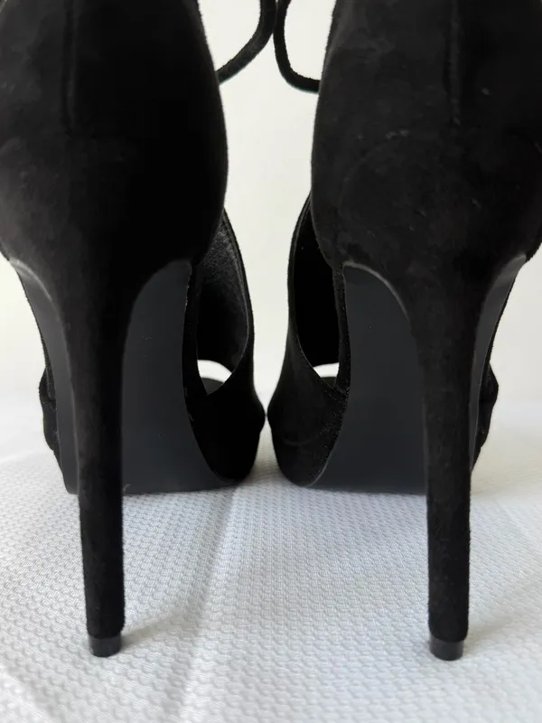 Black Suede Lace-Up Peep Toe Stilettos - Image 4