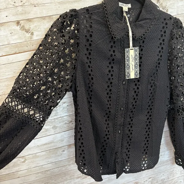 NEW Ultra Pink Womens M Top Black Crochet Button Up Collar Boho 100% Cotton NWT - Image 10