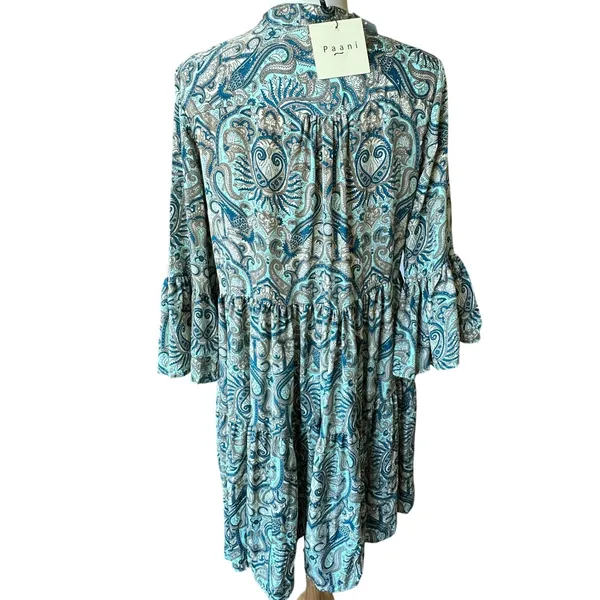 Paani Teal Paisley Tiered Babydoll Dress Flowy‎ Vneck Tassle High Waisted Flowy - Image 3
